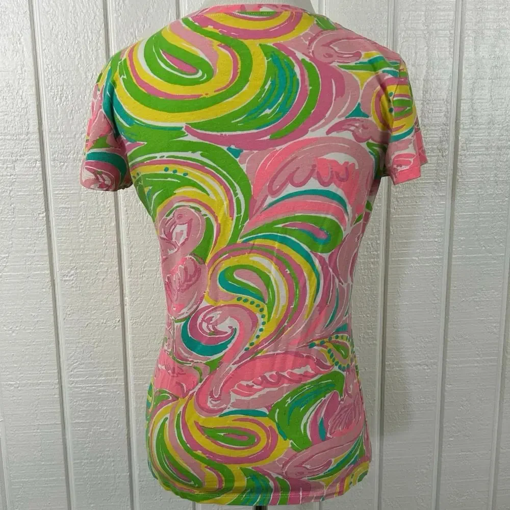 Lilly Pulitzer Pink Print V Neck Tee XXS Preppy Coastal Summer Top - Picture 3 of 5
